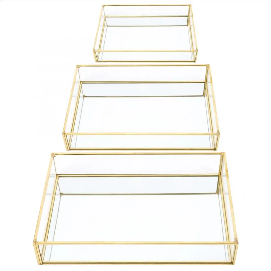 3 Size Nordic Retro Storage Box Tray Gold Rectangle Metal Glass Makeup  Organizer Tray Dessert Plate Jewelry Display Decorative