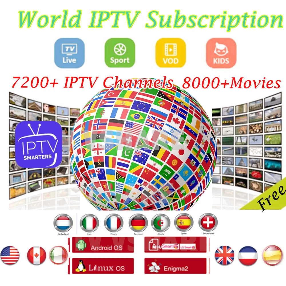 

IPTV World Subscription 6/12Months 7200+Live tv IPTV Europe Abonnement IPTV Subscription M3U Free USA CA UK IT Germany France
