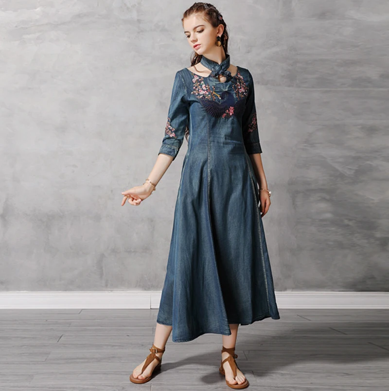 TEELYNN джинсовые платья для женщин cheongsam платья синий хлопок Феникс Цветочная вышивка бохо платье осень цыганские платья vestidos