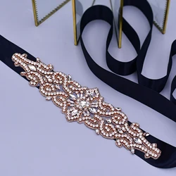 Rose Gold Dress Sash Wedding Belts Rhinestone Sash Gown Dress Applique Wedding Belts for Bride Ribbon Bridal Sash Belt Applique