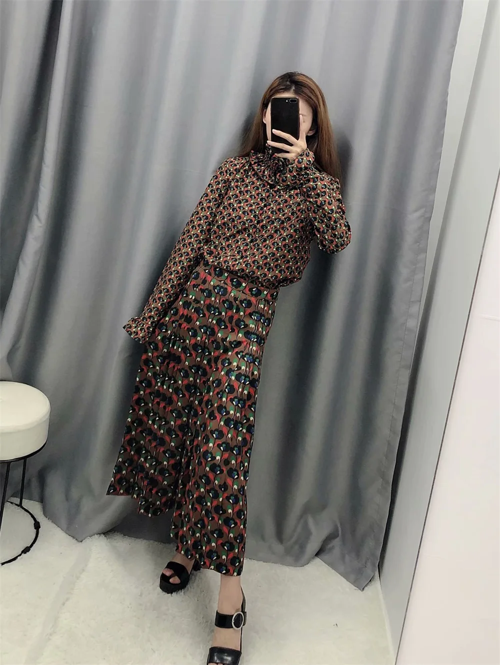 Осень женская новая юбка средней длины с высокой талией и ретро-принтом 08247092745
