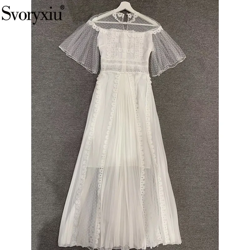 

Svoryxiu Runway Summer Party White Maxi Dresses Women's Short Sleeve Tulle Dot Flocking Embroidery Patchwork Pleated Long Dress