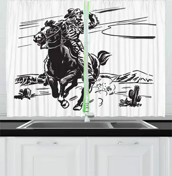 

Charcoal Grey White Horses Running Kitchen Curtains Monochromatic Hand Drawn Image Sheriff Animal Desert Window Drapes