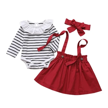 

Baby's Sets Girls Long Sleeve O-neck Stripe Cotton Jumpsuit Solid Color Cute Fashion Suspender Dress+Hair Band Clothes 3Pcs/set
