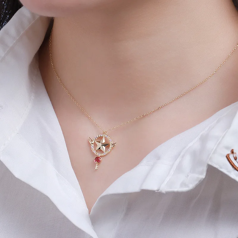 925 Sterling Silver Anime Card Captor Cardcaptor Sakura Necklace Sailor Moonlight Pendant Jewelry Women Girls Couple Lovers Gift 4