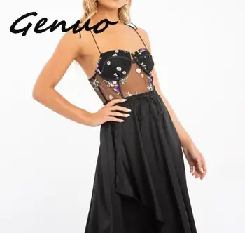 

Genuo New 2020 Floral Embroidery Mesh Bodysuit Tie Up Straps Backless Sheer Teddies Women Zipper Jumpsuits Tops Sexy Bodysuits