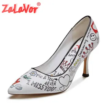 

ZALAVOR Women Pumps Real Leather High Quality Thin Heels Shoes Women Sexy Pointed Toe Fashion Print Party Footwear Size 34-43