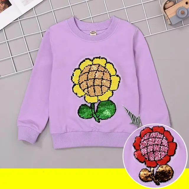 Sunflower purple Новая одежда для маленьких девочек осенний свитер из хлопка детские подростковые футболки с подсолнухами и блестками спортивные топы с длинными рукавами - Цвет: Sunflower purple