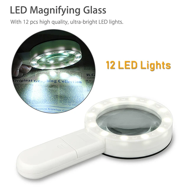 30X Jumbo Handheld Magnifying Glass w/ 12 Bright LED Light Illuminated  Magnifier