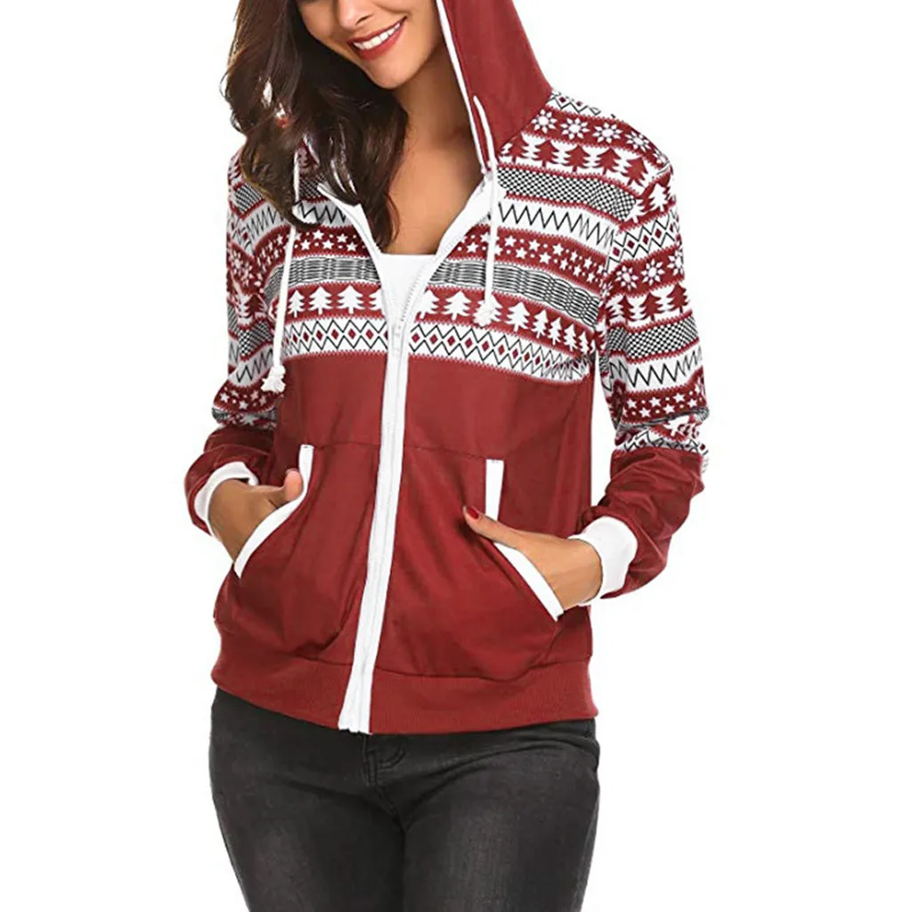  Womail Women Sweatshirt Fashion Hoodies Sweatshirt Christmas Snowflake print 2019 Autumn Zip-Up Lon