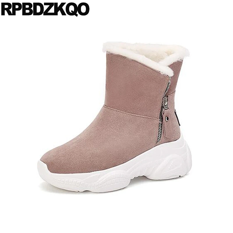 Booties Harajuku Platform Creepers Genuine Leather Pink Suede Round Toe Flatform Fur Muffin Winter Snow Boots Women Ankle Shoes | Обувь
