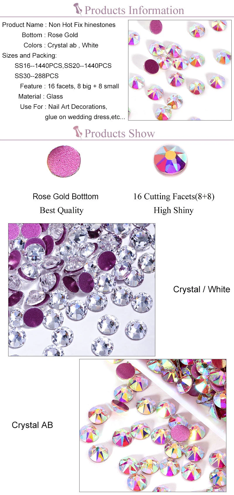 2088 Best Quality 16 Cut Facets Rose Gold Bottom Crystal AB Nail Art Rhinestones