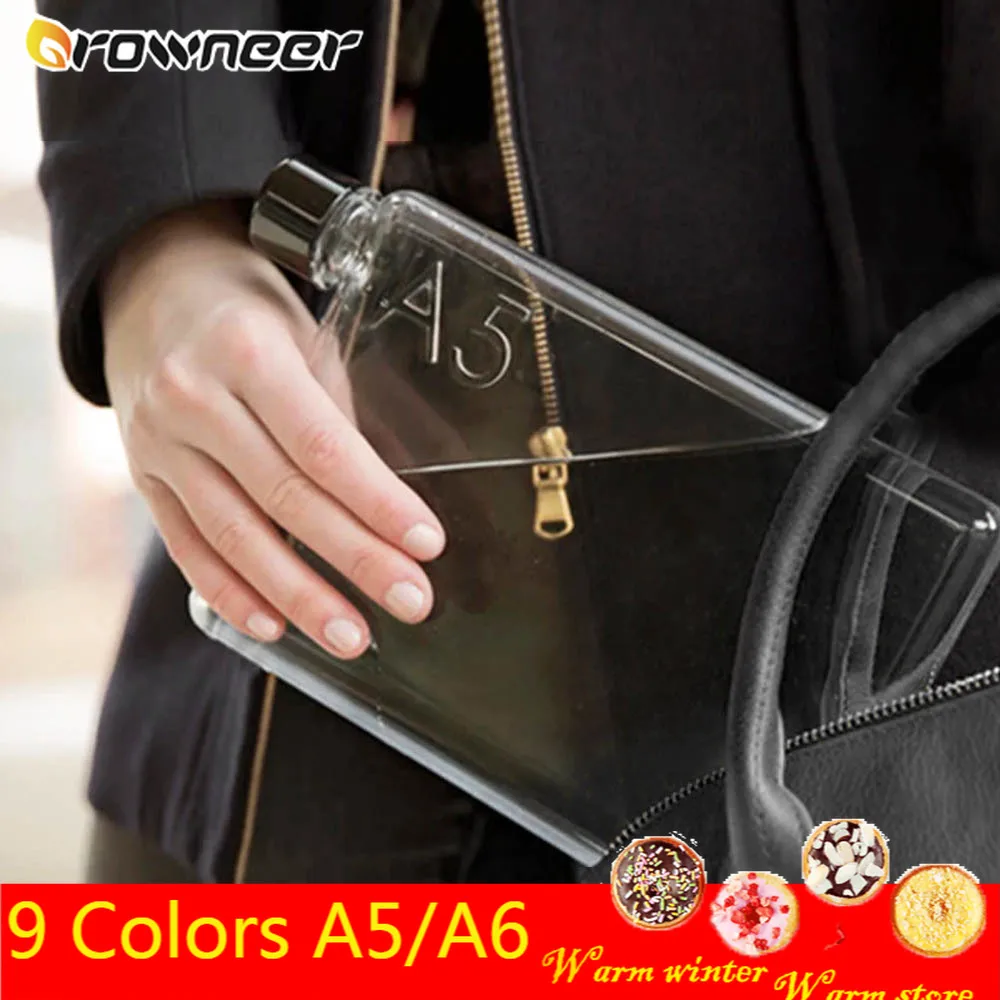 9 Colors A5/A6 Transparent Notebook Water Bottle Portable Creative Flat Kettle Food Grade Plastic Outdoor Travel Artistic Drinks | Дом и сад