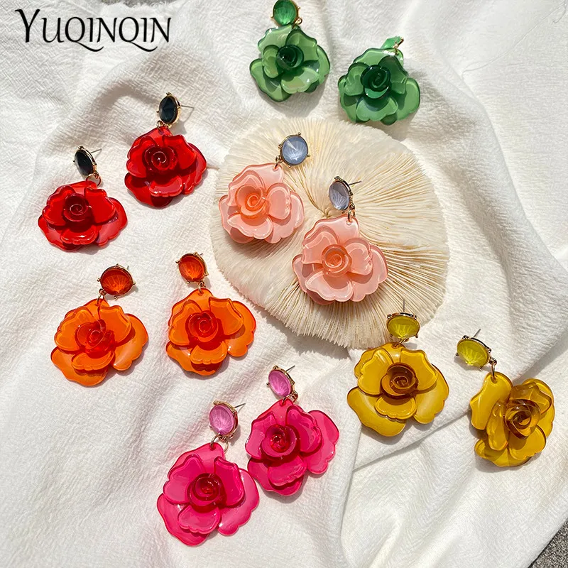 Dangle Earrings Drop Earrings Flower Earrings Rose Earrings Long Earrings Acrylic Earrings Vintage Korean Acrylic Rose Flower Drop Earrings for Women