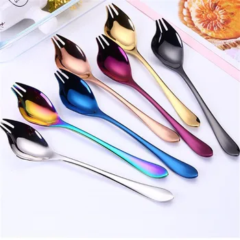 

Creative 2 In 1 Salad Forks Spoon 304 Stainless Steel Three Tooth Multifunction Dessert Fruit Forks Kitchen Tableware
