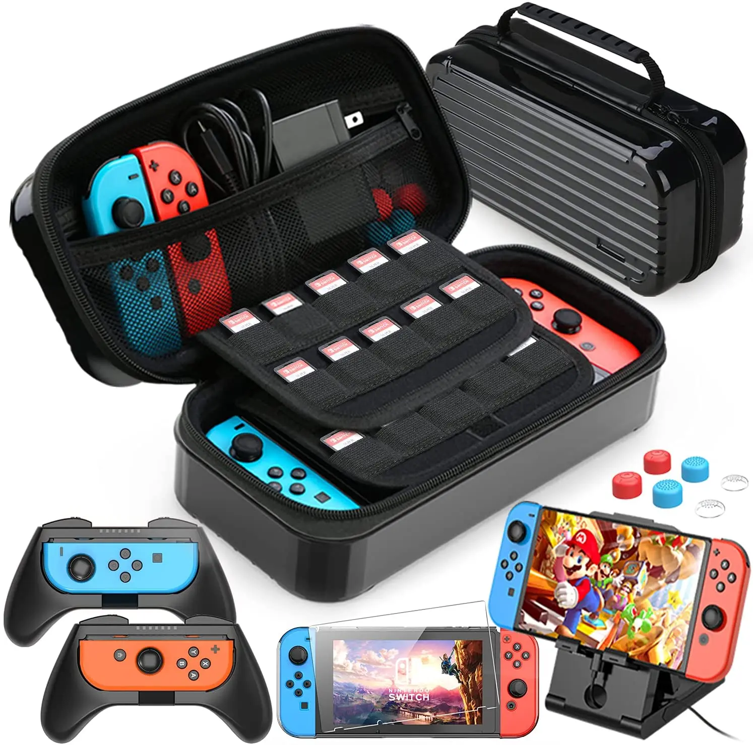 

Mooroer Bag for Nintendo Switch, 11 in 1 Nintendo Switch Carry Case with 2 Joy-con Grips , Adjustable PlayStand, , Black