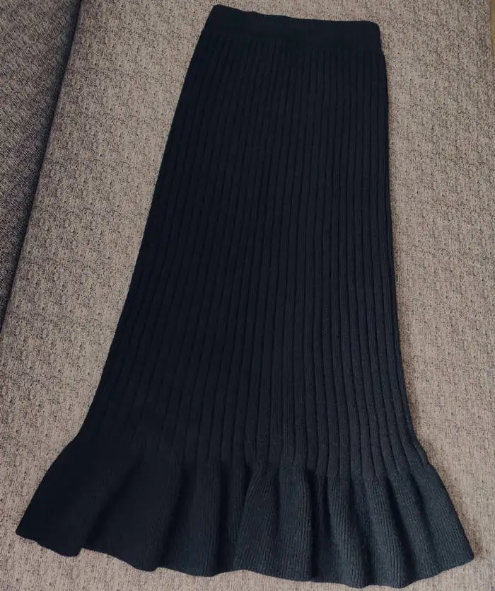 black knitted skirt Осень-зима, черные вязаные длинные юбки для женщин, бархатная Теплая юбка с высокой талией, облегающая юбка макси с разрезом и рыбий хвост для женщин - Цвет: black knitted skirt