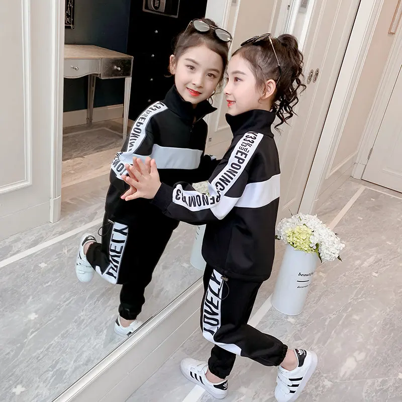 Baby Girl Outfit Black White Patchwork Letters Printing Vintage Clothes Two Piece for Teenage Girls Sport Style Tracksuit | Детская