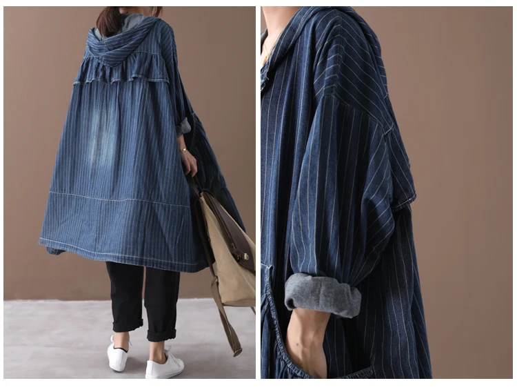 SuperAen Autumn New Denim Trench Coat for Women Korean Style Pluz Size Women Clothing Striped Windbreaker Female