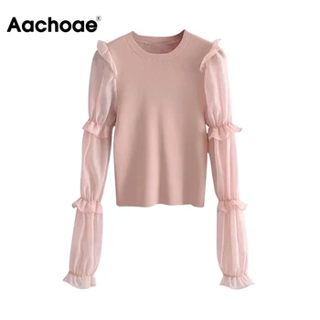 Image of Aachoae Mesh Patchwork Knitted Pullover Women Ruffles Long Sleeve Fashion Sweater  Ladies Casual O Neck Bodycon Jumper Tops
