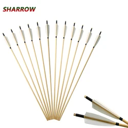 12pcs Archery Wooden Arrow Shaft Comes With 5-inch shield-shaped White Turkey Feather Hunting Accessories