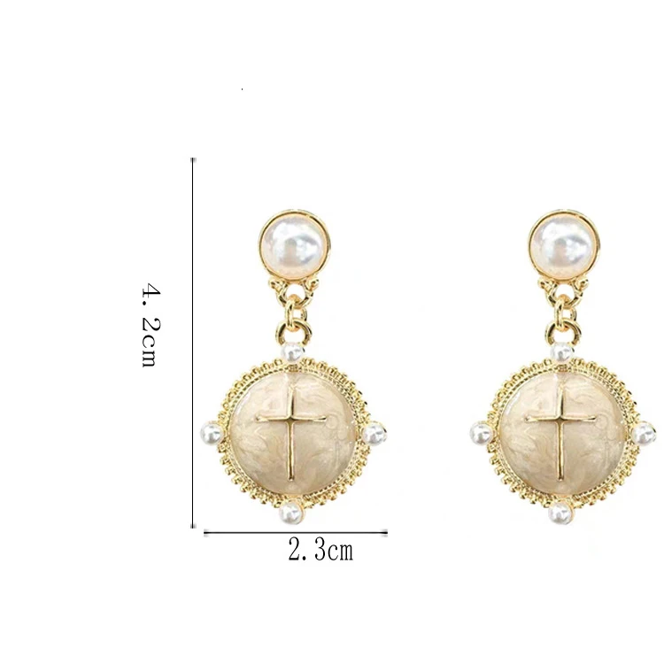Simple White Enamel Round Clip on Earrings without Piercing Royal Baroque Elegant Cross No Ears Hole Clips Earrings