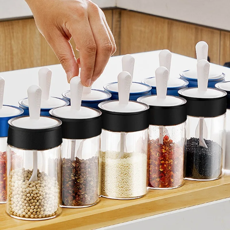 

Glass Seasoning Pot Kitchen Spoon Cover Integrated Seasoning Pot Box Household Salt Pot Spice Bottle Sealed Leak-proof