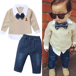Джентльменский комплект одежды для маленьких мальчиков; осенние хлопковые детские рубашки; джинсовые штаны; 2 предмета; праздничные