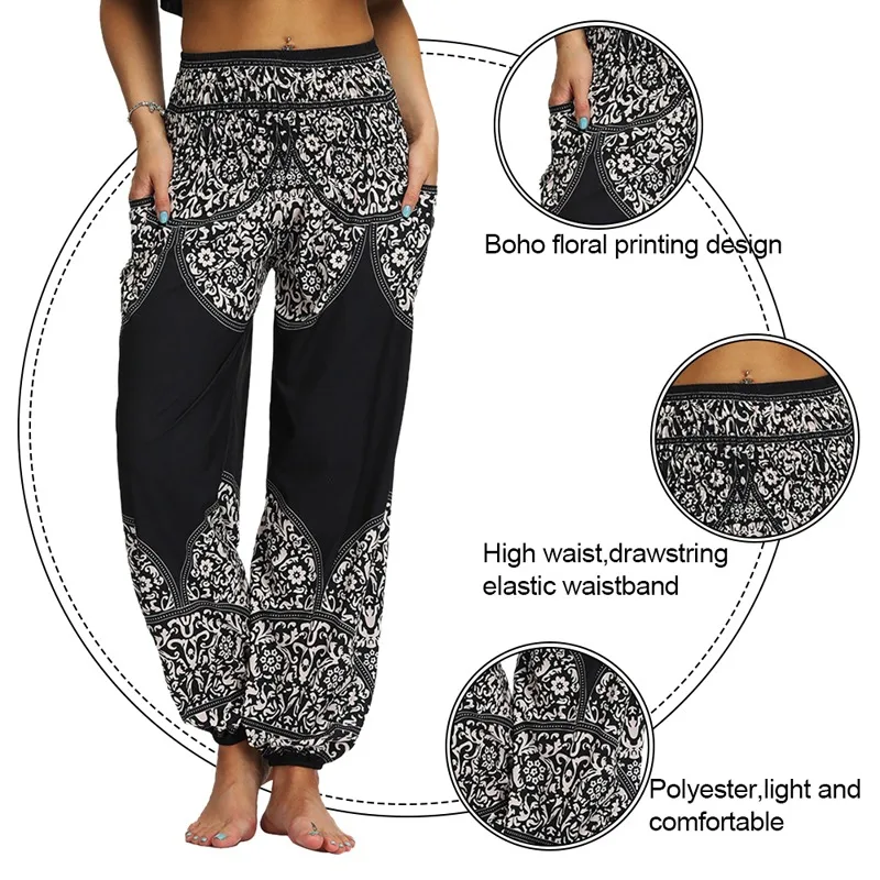 Womens Loose Yoga Pants Floral Print Wide Leg Trousers Long Stretch Pants Loose Palazzo Trousers Sweatpants Harlan Pants