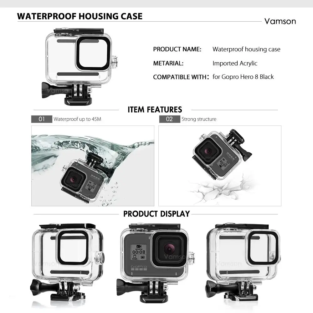 Vamson For Gopro Hero 8 Black Waterproof Housing Case Kit For