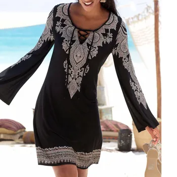 

Free Shipping2020 Summer Dress Women Halter Neck Print Long Sleeve Casual Mini Dress Boho Print Beach Sexy Dress Vestidos