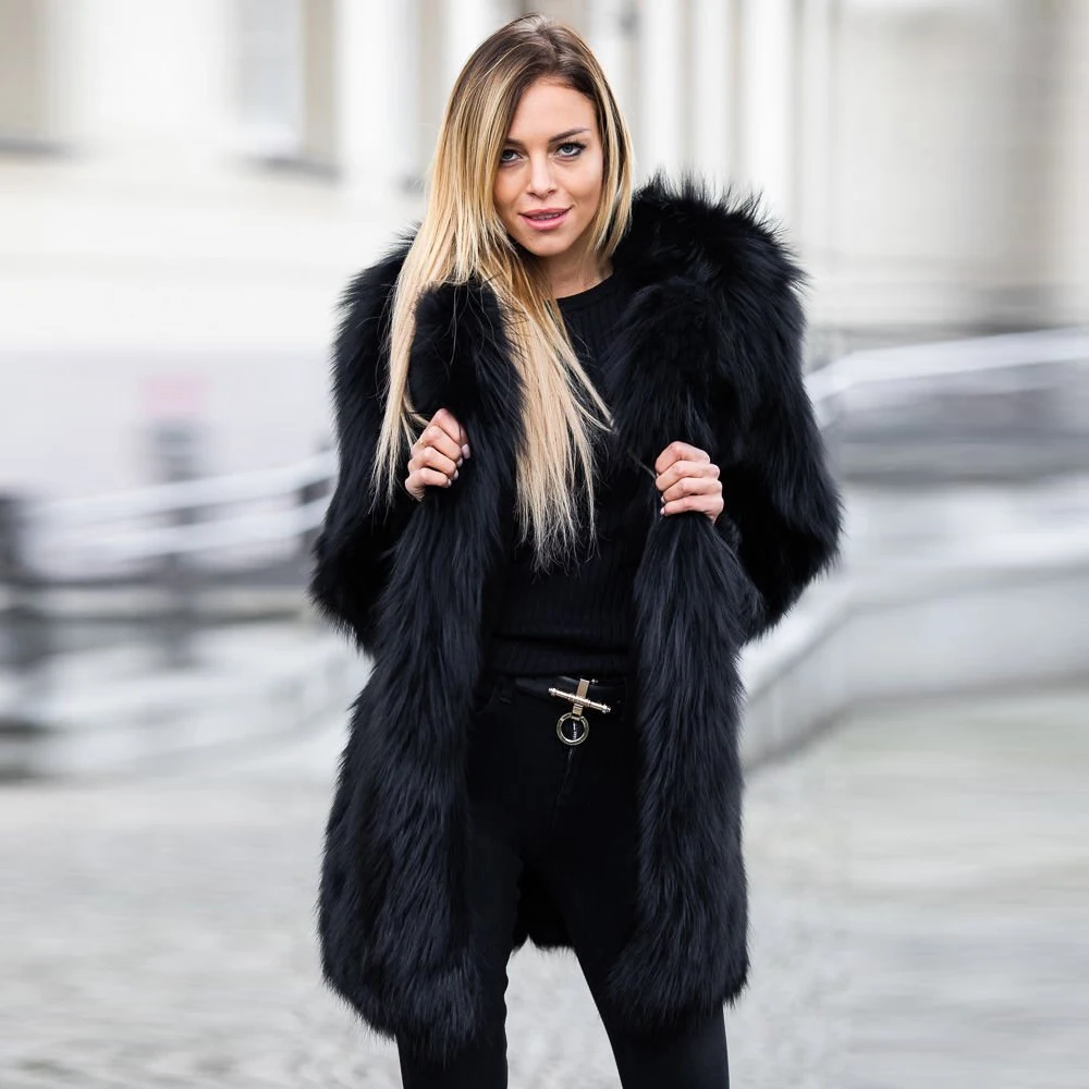 Fashion Black Real Fox Fur Coat Medium Length Round Collar Genuine Fox Fur Jacket Female Luxury Fur Overcoat Thick Warm Outwear