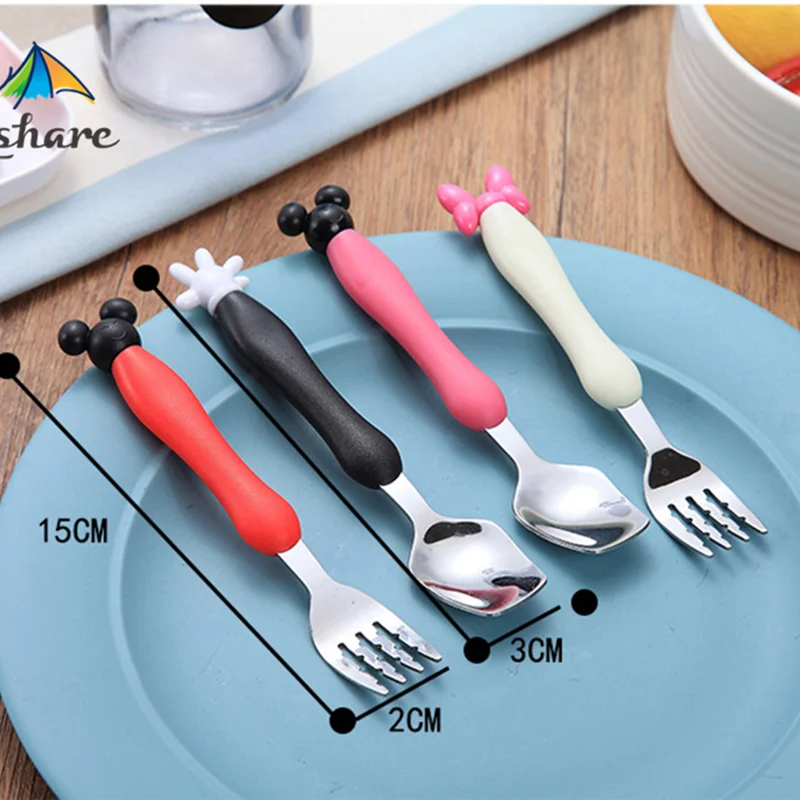 Qshare 4 pz/set utensile per bambini Set di stoviglie per bambini forchetta per cucchiaio in acciaio inossidabile per neonati Mickey Cartoon posate cucchiaio per l'alimentazione dei bambini