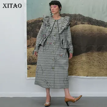 

XITAO Print Pattern Ruffle Trench Women Korea Fashion 2019 Single Breast Single Breast Long O Neck Elegant Casual Coat ZYQ1985