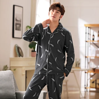 

Plus Size L-5XL Full Cotton Pajamas for Men Long Sleeves Button-Down Pijamas Set 2PCS Male Nightwear Set Print Pyjama Suits Men