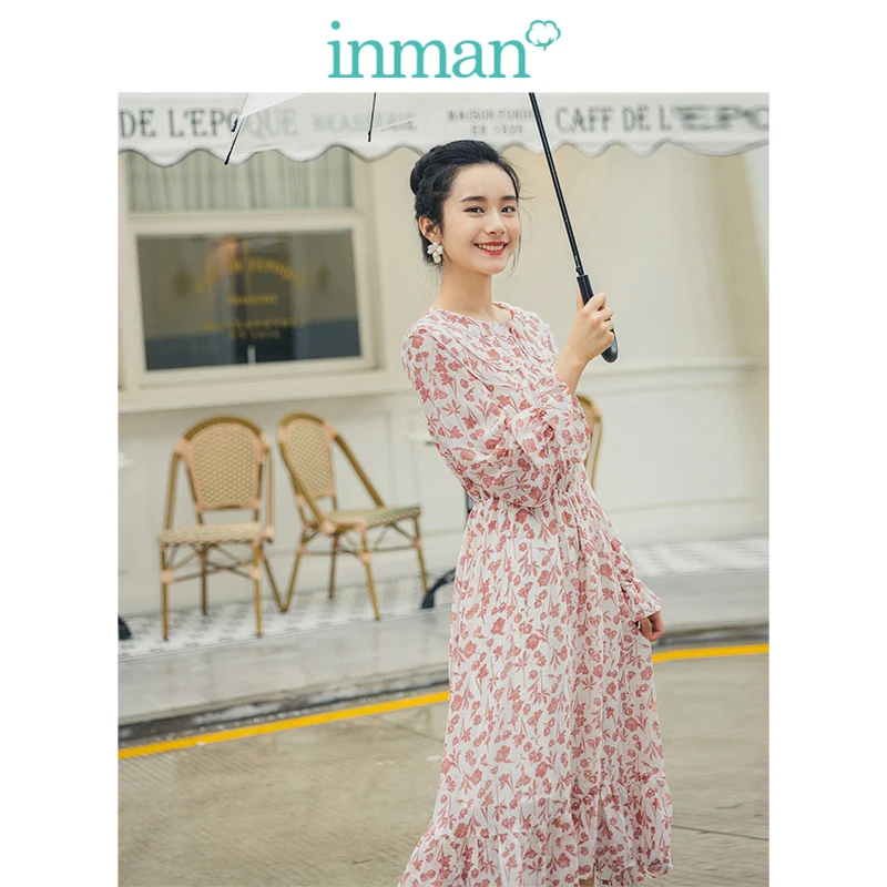 

INMAN 2019 Autumn New Arrival Young Literary Style Romantic Scollop Lace Retro Print Elastic Waist A-line Women Dress