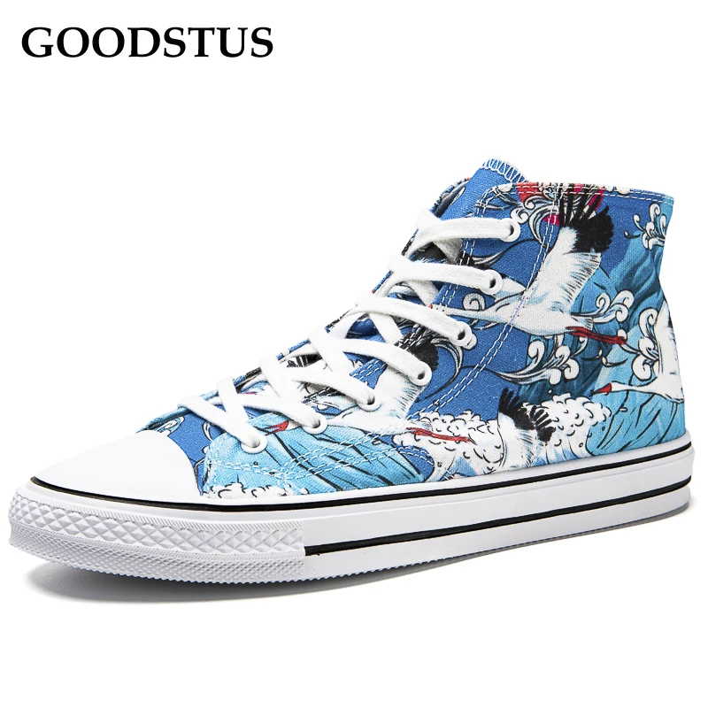 

GOODSTUS Men Canvas Shoes Chinese Style White Crane In The Cloud Comfortable Breathable High Top Fashion Quality Couple Shoes