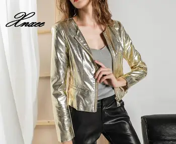 

Xnxee Fashion Gold Leather Jacket Women Metallic Punk Wind Spring Female Leather Short Coat