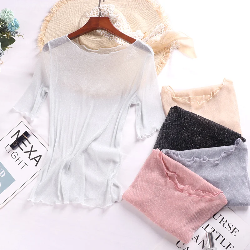

Plus Size Summer New Mid-sleeve Sexy Blouse Womans Jacket Girls Lady Single-layer Ruffles Edge Thin Mesh Lace Shirt Basic Tops