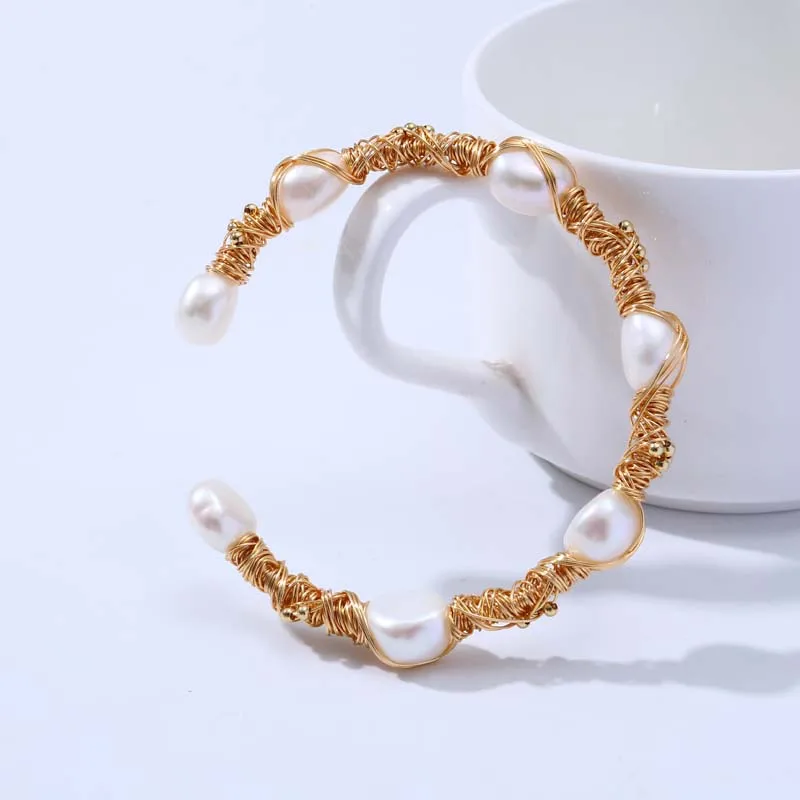 

Personality 18K Gold Bracelet Baroque Freshwater Pearl Bracelet Vintage Pearl Open Decorative Bracelet Ladies Jewelry Gift