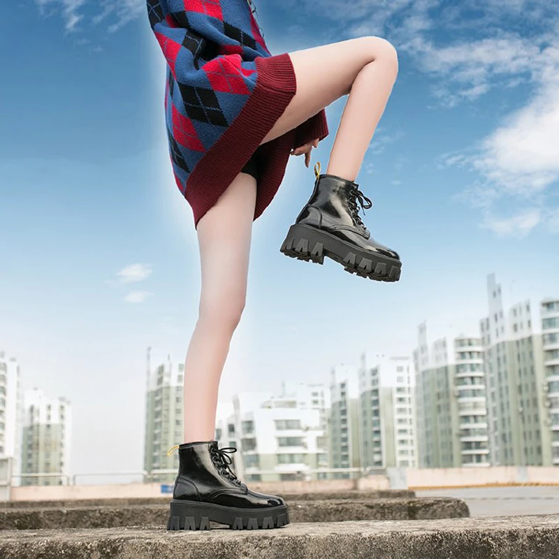 E TOY WORD Black Martin boots women boots autumn single boots waterproof platform thick bottom leather boots lace up women shoes