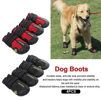 

4pcs Washable Wear Resistant Rain For Medium Large Outdoor Waterproof Anti Slip Adjustable Paw Pattern Cute Soft Dog Boots