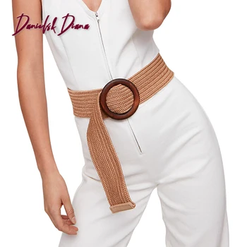 

Round Wooden Buckle Dress Belt For Women Casual Female Braided Wide Strap Female Designer Woven Girls Elastic PP Straw Belts 111
