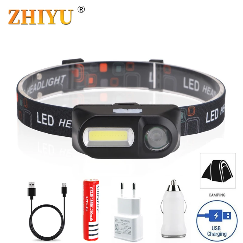 ZHIYU Portable Mini Head Lamp Q5 + COB LED Headlight Double Switch 6 Modes USB Rechargeable 18650 Suitable For Camping | Лампы и