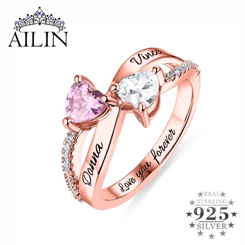 AILIN Выгравированный двойной камень-талисман в форме сердца кольцо из стерлингового серебра на День святого Валентина Кольцо специальный подарок для леди из розового золота