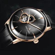 Reef Tiger бренд Tourbillon черный циферблат водонепроницаемые автоматические часы Топ Механические Роскошный кожаный ремешок мужские часы reloj hombre