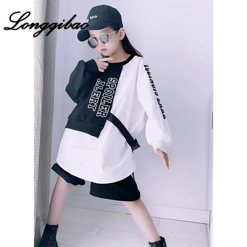 

Girls Korean fashion loose stitching in the long section of the printed sweater sweater 2019 autumn new children's sweater tide