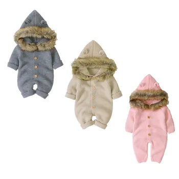 

New 3Colors Kids Girl Boy Warm Clothes Knitted Long Sleeve Hoodie Romper Overall Outfits