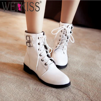 

WETKISS Winter Keep Warm Women Ankle Boots Round Toe Thick Heel Shoes Cross-Tied Belt Buckle Bootie Casual Fashion Female Shoes