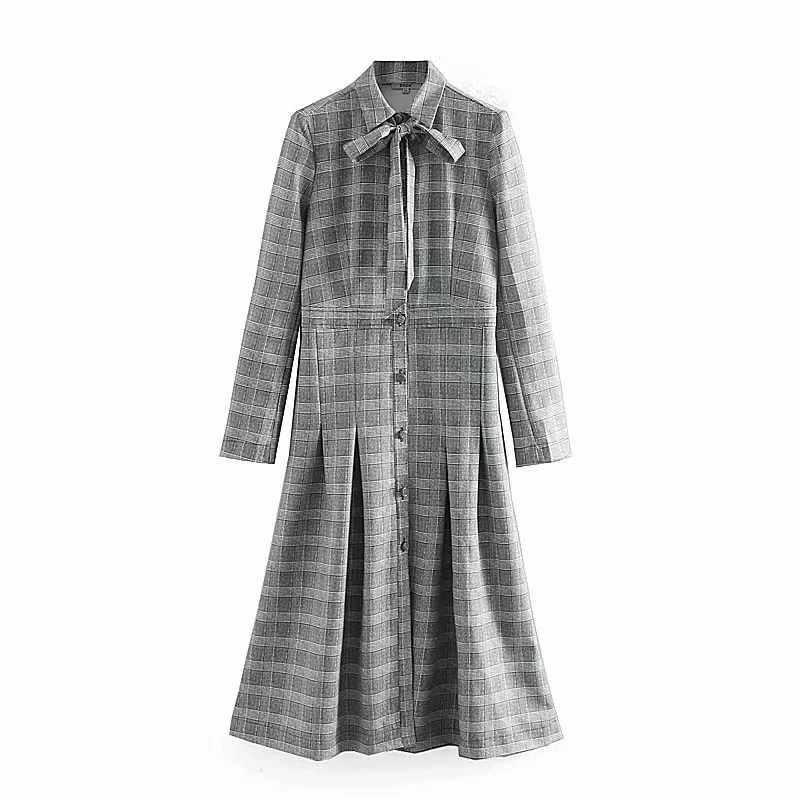 

Women plaid printed dip hem vintage 2019 fashion Za Dress long sleeve turndown collar bow tie 2019 Party Dresses Vestidos